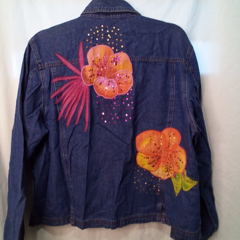 Lighthouse Apparel Jacket Women M Denim Flower Patches Sequins Button Up - Picture 11 of 15